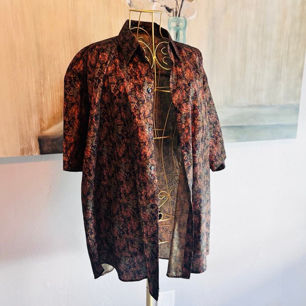T. Corner Thai Silk Elephant Print Button Front Shirt Unisex Oversized Boho